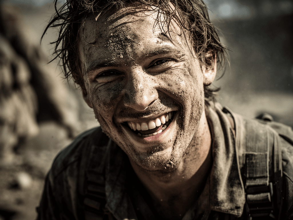 A grinning young soldier with a mud-streaked face